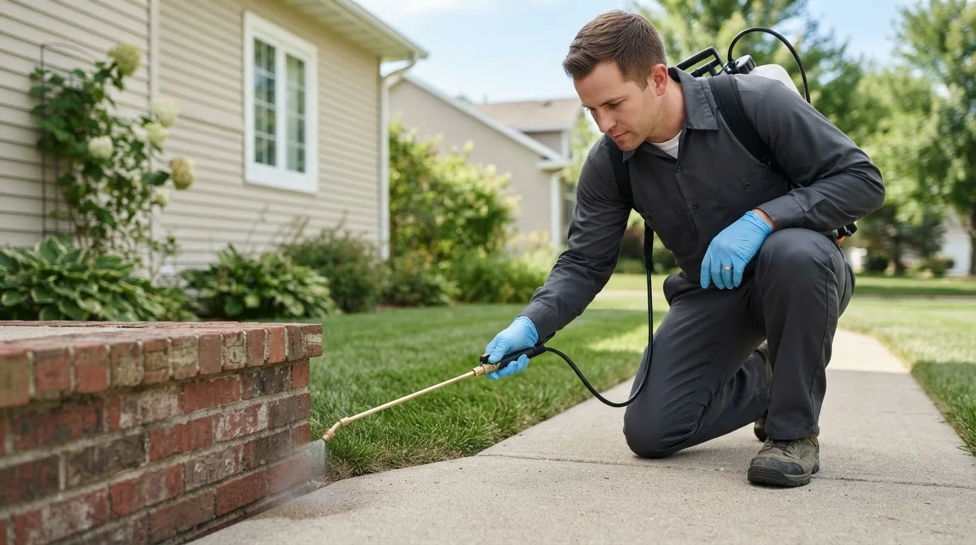 Pest control technician treating a home near Port Jefferson Station, NY