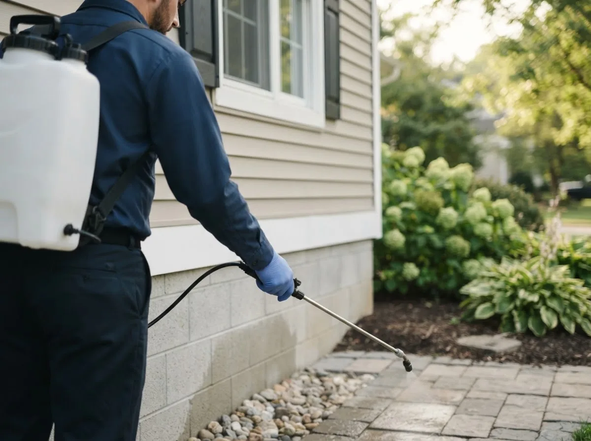 Pest control technician inspecting a home in Port Jefferson Station, NY